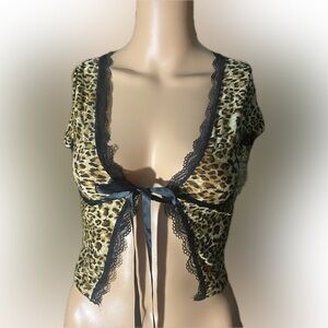 Leopard Print Lace-Trim dressy Top - Black Trim